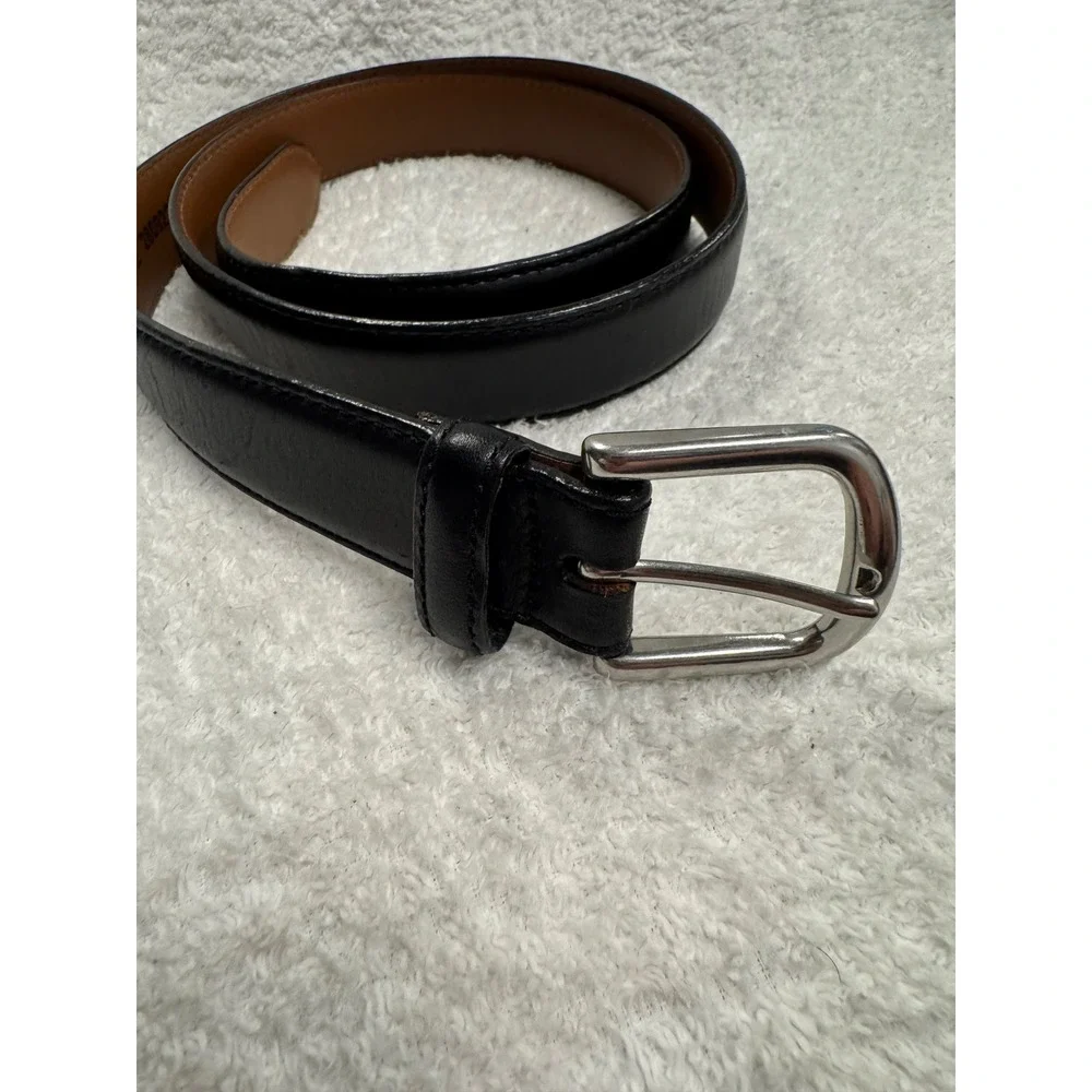 LL Bean Mens Black Full Grain Leather Belt Size 42 Silver Buckle Made in USA